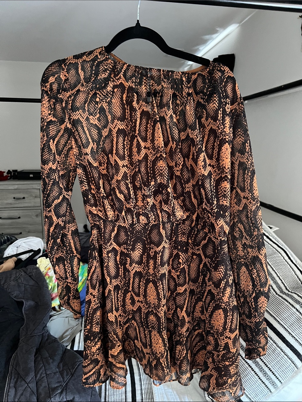 Brown & Black Snake Print Tie-Neck Mini Dress